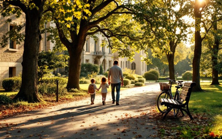 Une famille se promène au soleil autour de Poitiers, dans un cadre de nature et de patrimoine, avec des arbres, des pierres historiques et une ambiance détendue de week-end.