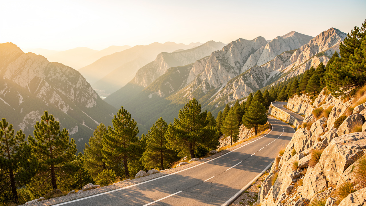 Vue panoramique des aiguilles de Bavella depuis une route de montagne, avec des pins corses et une lumière d’été dorée.