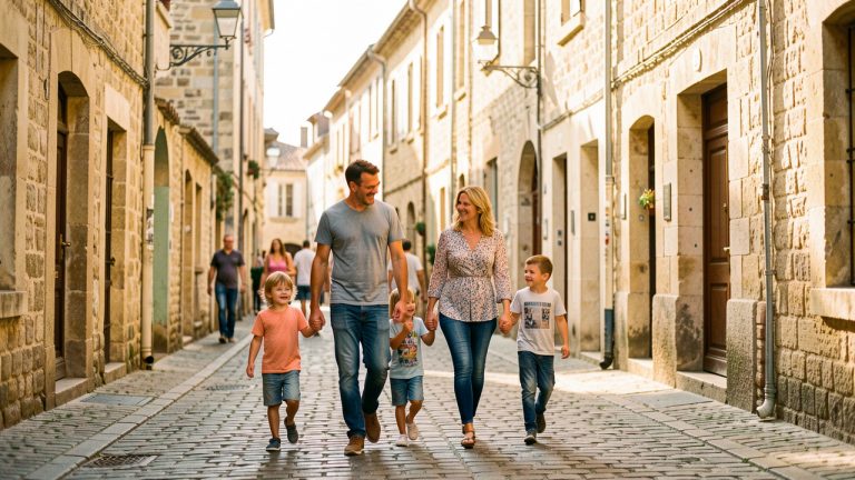 Une famille se promène dans le centre historique de Poitiers, par une journée ensoleillée et détendue.