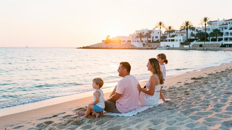 Une famille composée d’un homme, d’une femme et de deux jeunes enfants assis sur une plage de sable au lever du soleil, avec une station balnéaire méditerranéenne en arrière-plan.