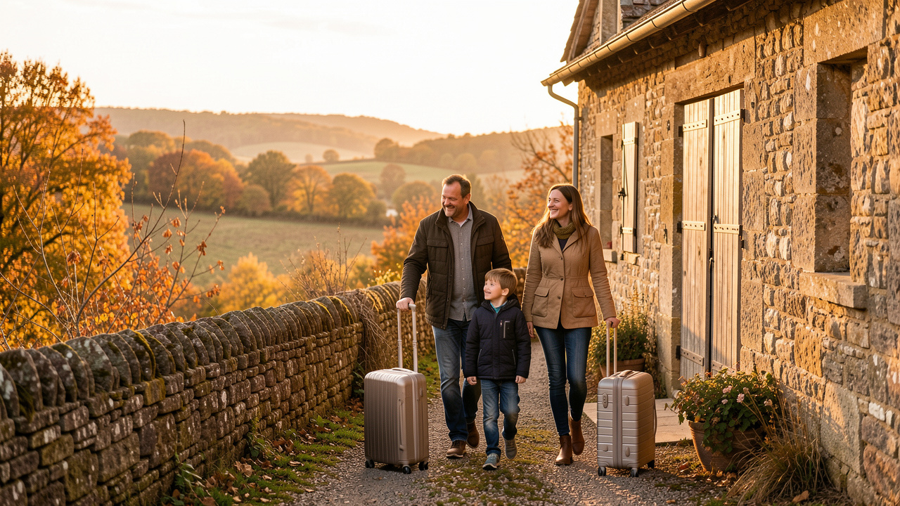 Une famille composée d’un homme, d’une femme, d’un garçon et d’une fille arrive avec de petites valises devant un gîte en pierre du Périgord, baigné par la lumière dorée de l’automne.