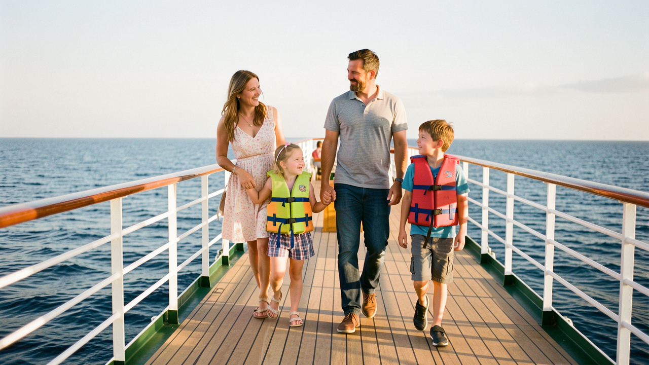 Une mère, un père et leurs deux enfants de 4 et 8 ans profitent ensemble d’une promenade paisible sur le pont d’un bateau de croisière.