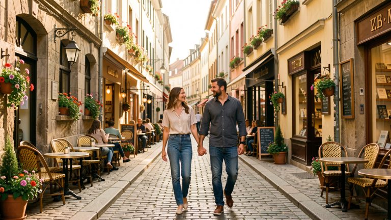 Un couple marche main dans la main dans une charmante ville européenne aux rues piétonnes, entourée de bâtiments historiques et de cafés fleuris.