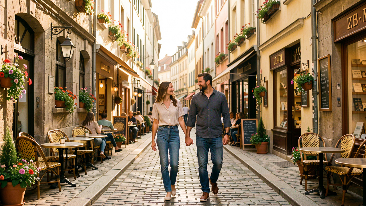 Un couple marche main dans la main dans une charmante ville européenne aux rues piétonnes, entourée de bâtiments historiques et de cafés fleuris.