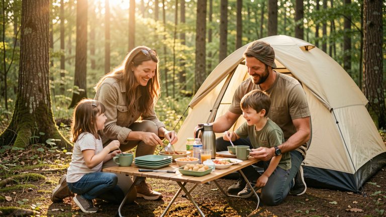 Une famille composée d’une femme, d’un homme, d’une jeune fille et d’un jeune garçon prépare un séjour d’une semaine dans un camping, avec une tente, un repas simple et des équipements soigneusement organisés.