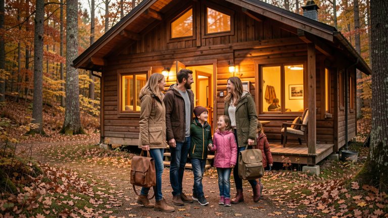 Une famille de quatre personnes arrive devant un chalet chaleureux dans un camping boisé en automne, entouré de feuilles rousses.