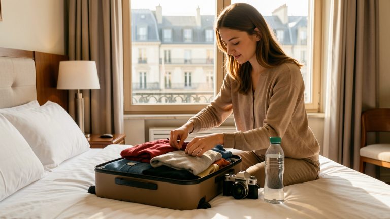 Une jeune femme prépare calmement un petit bagage pour trois jours de voyage en solo, dans une chambre lumineuse donnant sur une capitale européenne.
