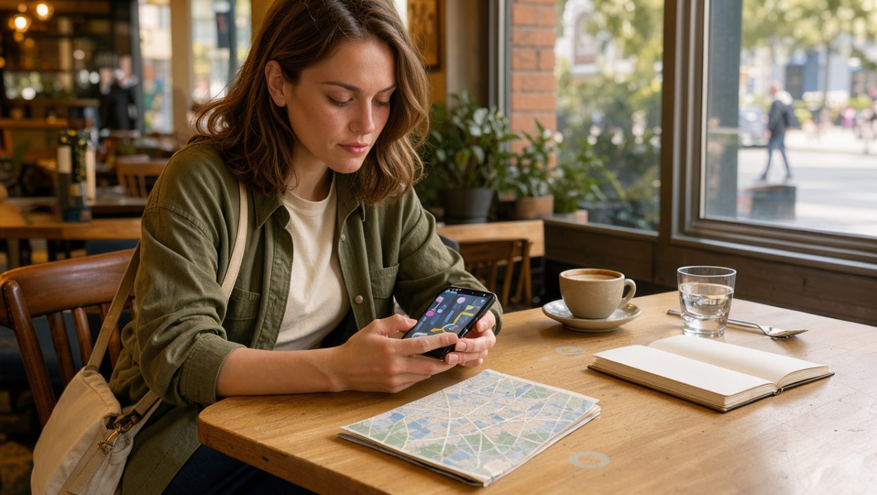Une jeune voyageuse assise dans un café lumineux consulte un assistant IA sur son smartphone, près d’une carte de ville et d’un carnet de voyage ouvert.