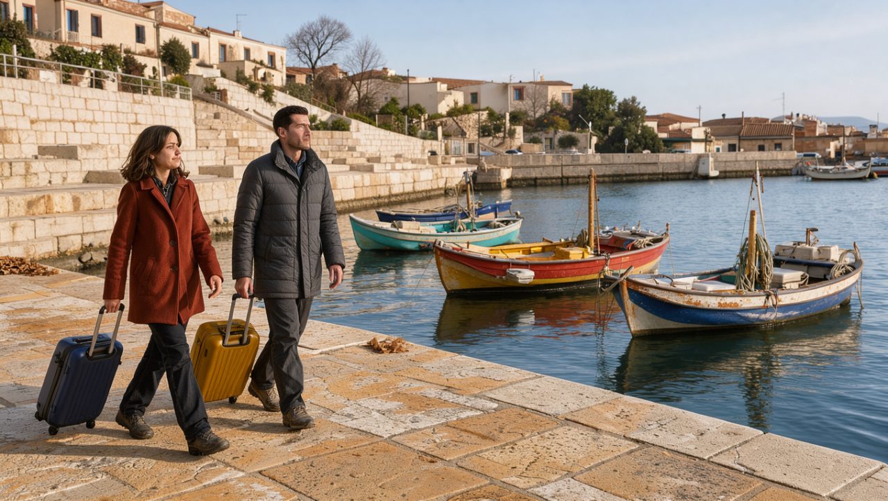 Vue hivernale lumineuse d’un port méditerranéen avec de petites barques, des terrasses calmes et deux voyageurs portant des bagages cabine sous une douce lumière de décembre.